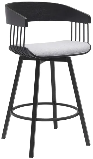 Athena 27" Swivel Black Wood Counter Stool in Light Gray Fabric with Black Metal