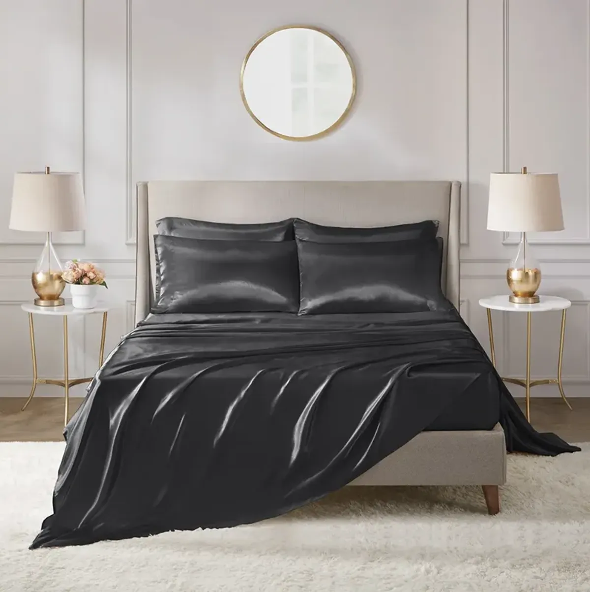 Madison Park Essentials Satin Black Luxury 6 PC Sheet Set