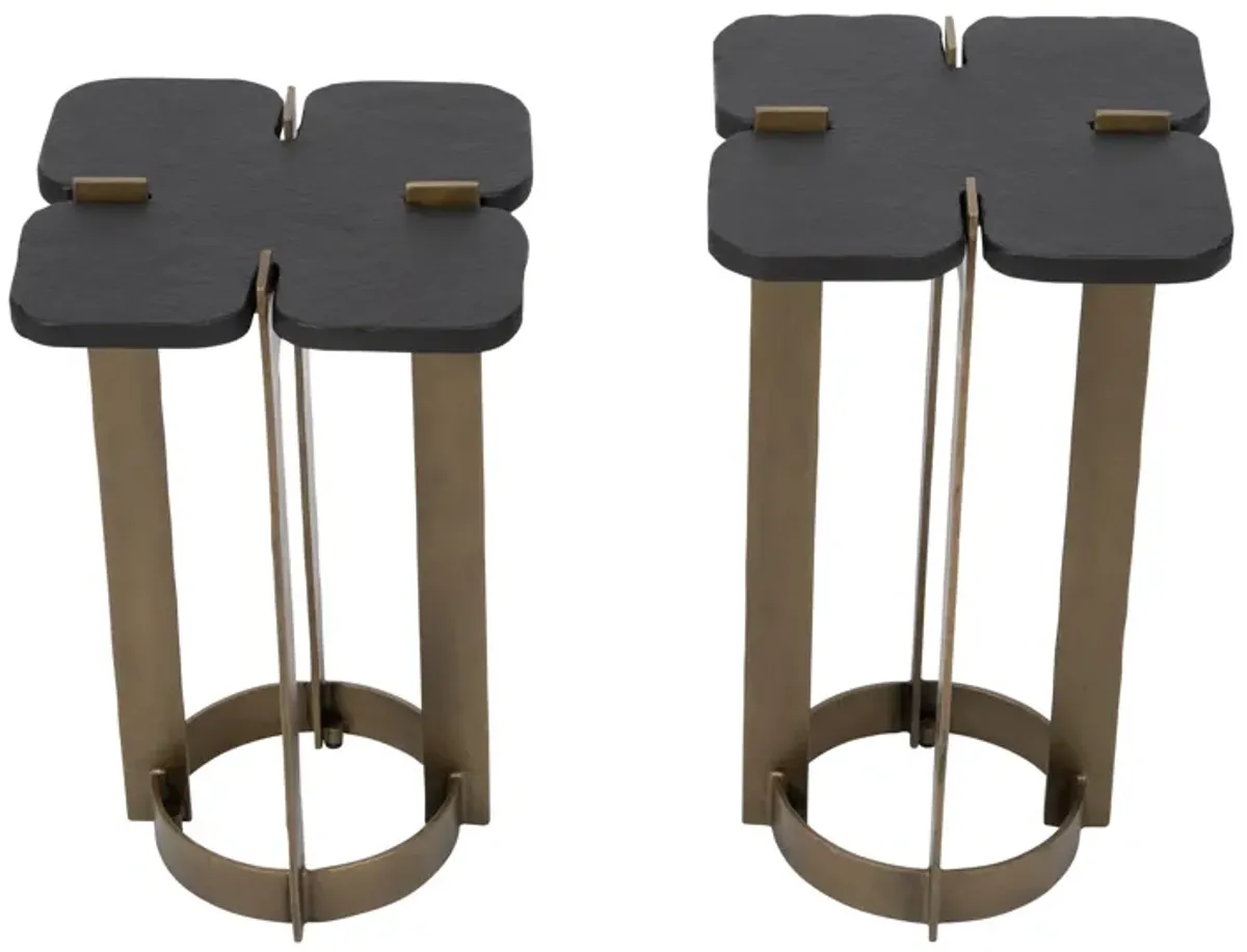 Metal, 22/24" Stone Top Side Tables, Gold/blk - Set of 2