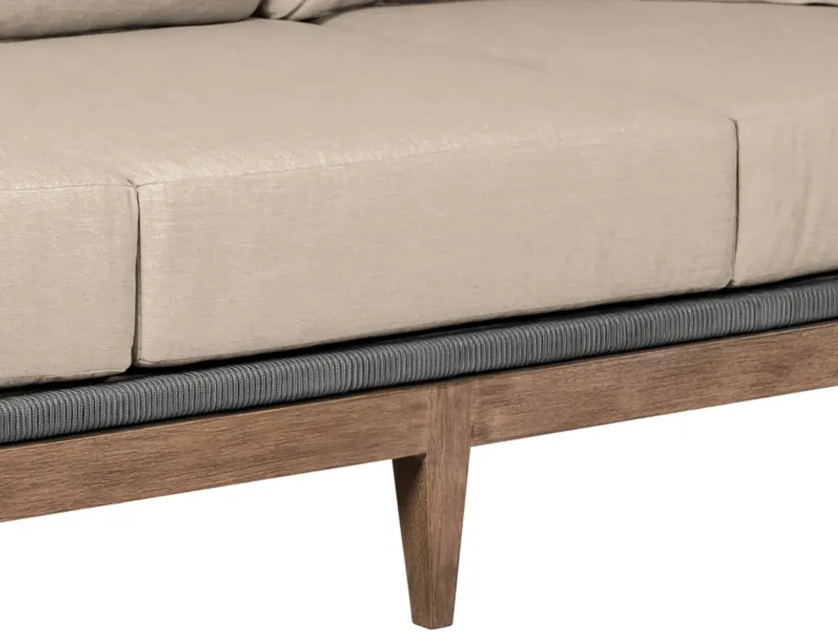 Orbit Outdoor Patio Sofa in Weathered Eucalyptus Wood with Gray Rope and Taupe Olefin Cushions