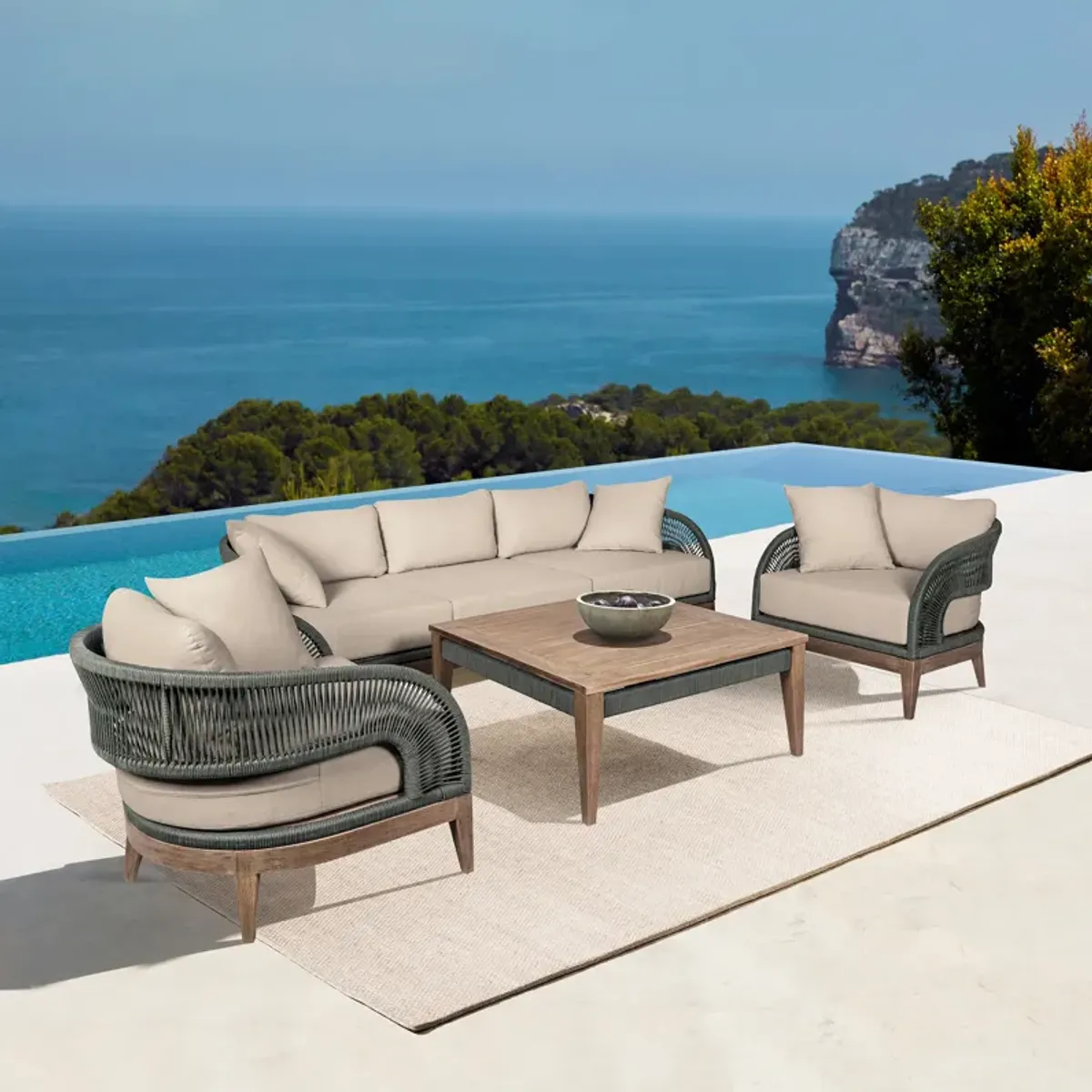 Orbit Outdoor Patio Sofa in Weathered Eucalyptus Wood with Gray Rope and Taupe Olefin Cushions