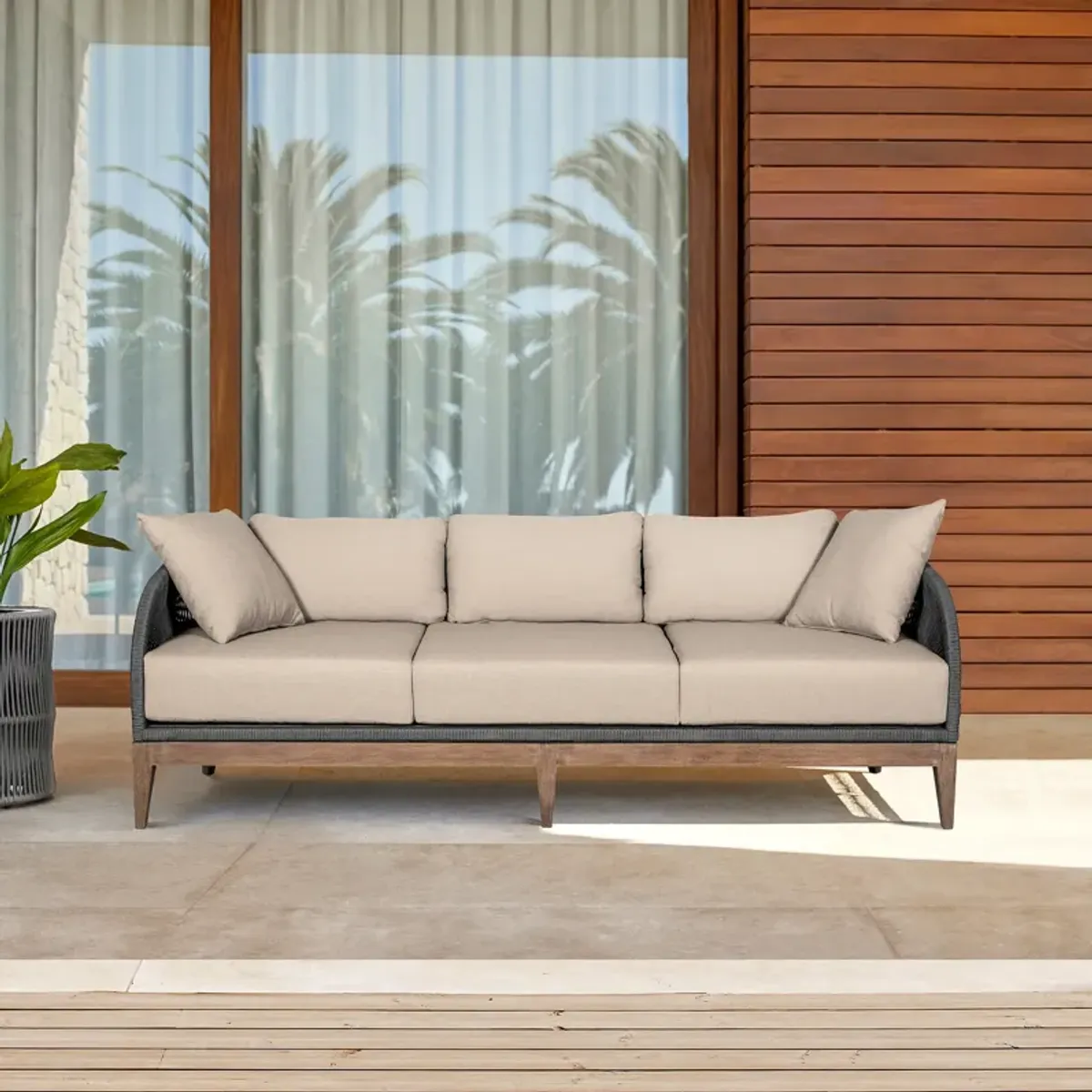 Orbit Outdoor Patio Sofa in Weathered Eucalyptus Wood with Gray Rope and Taupe Olefin Cushions