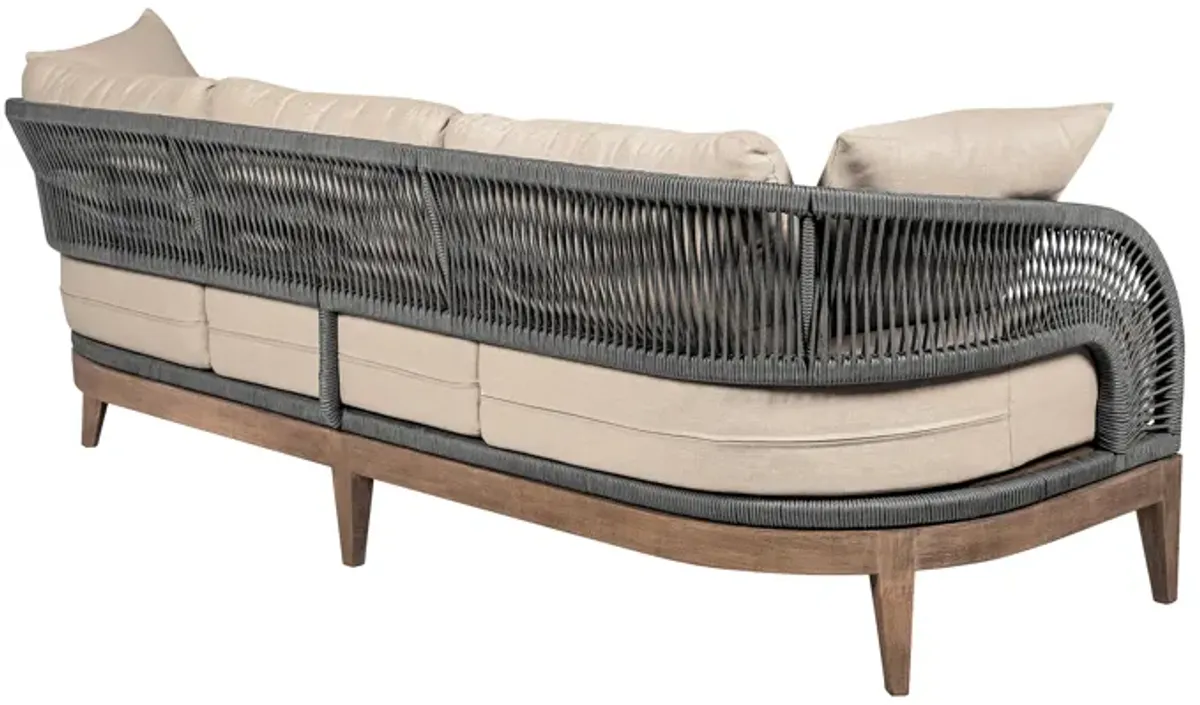 Orbit Outdoor Patio Sofa in Weathered Eucalyptus Wood with Gray Rope and Taupe Olefin Cushions