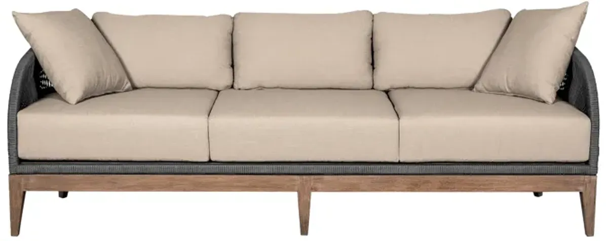 Orbit Outdoor Patio Sofa in Weathered Eucalyptus Wood with Gray Rope and Taupe Olefin Cushions