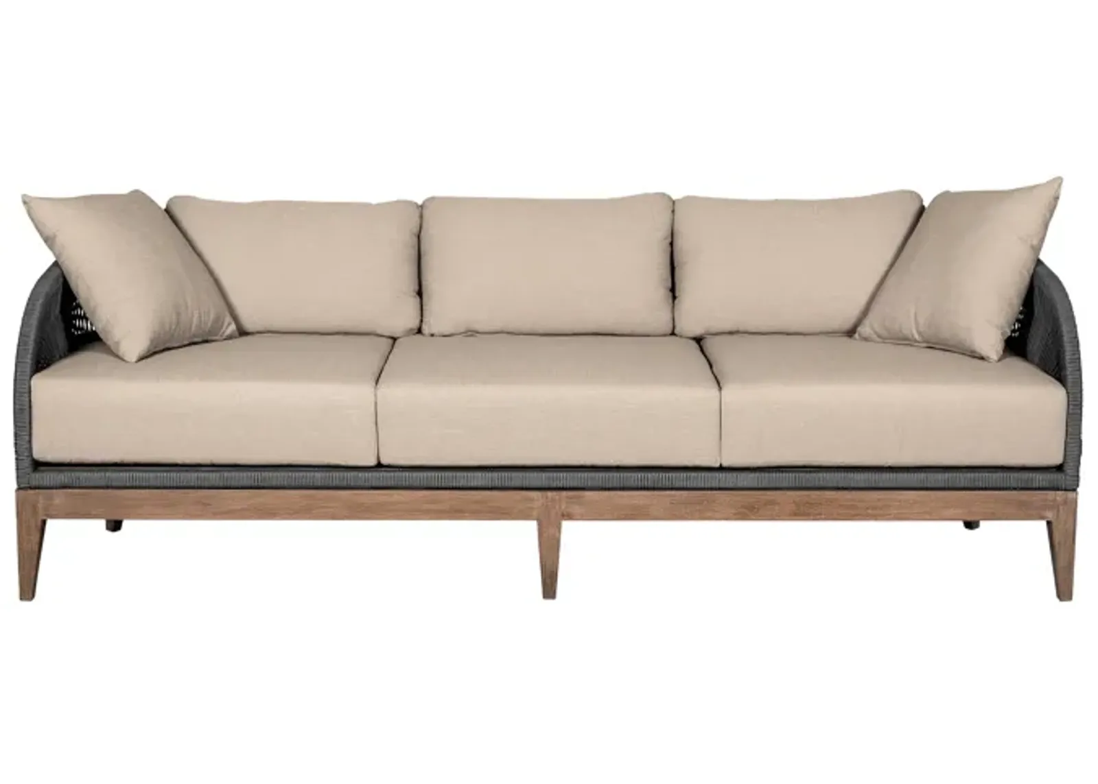 Orbit Outdoor Patio Sofa in Weathered Eucalyptus Wood with Gray Rope and Taupe Olefin Cushions