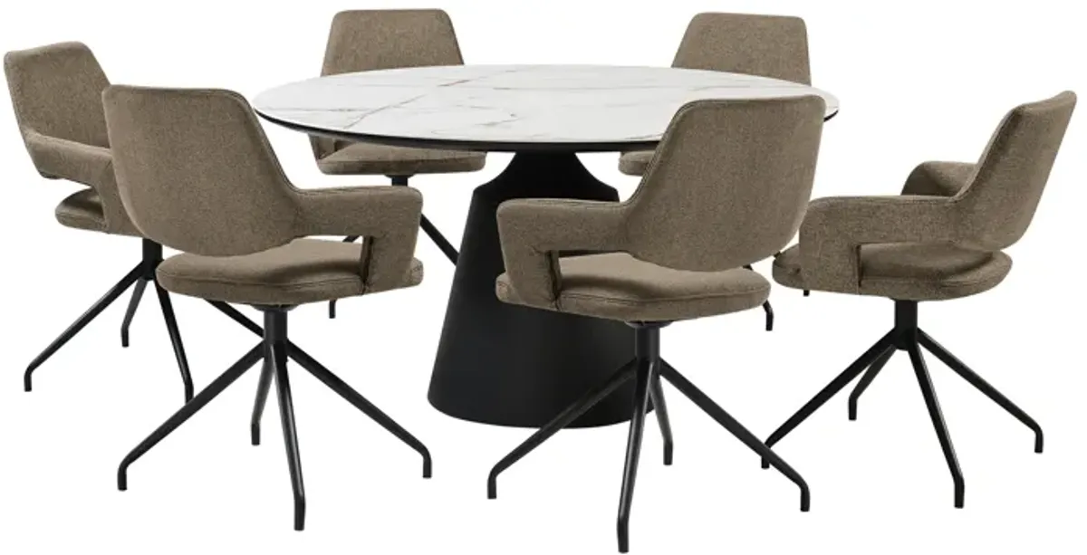 Knox Penny 7 Piece Dining Set with Stone Top and Brown Fabric Chairs