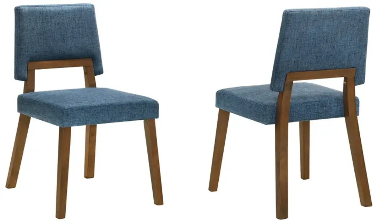 Channell Wood Dining Chair in Walnut Finish with Blue Fabric - Set of 2