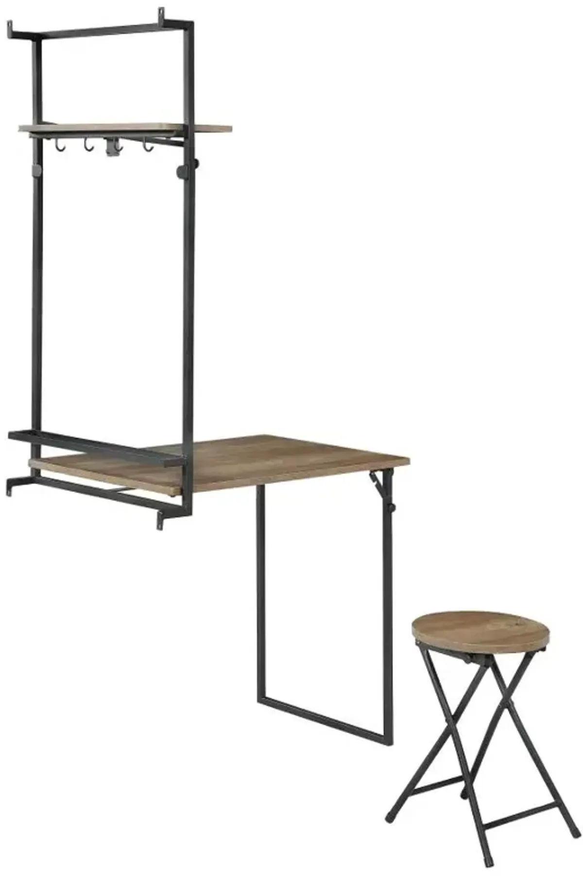 Rossaveel Foldable Wall Desk with Stool Rustic Oak And Sandy Black