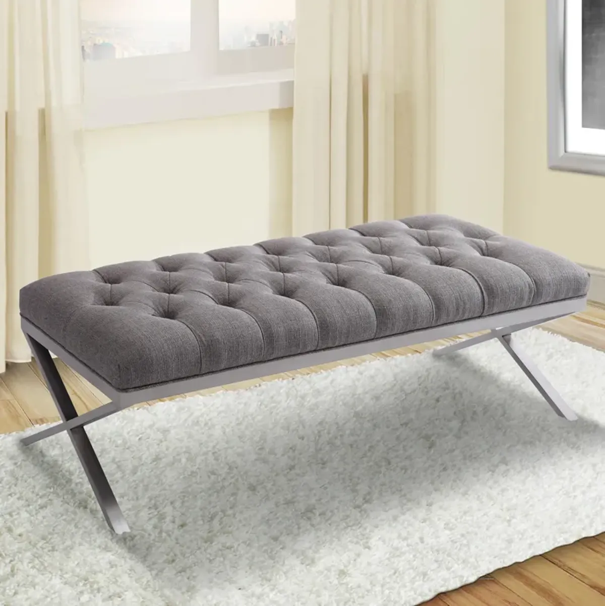 Milo Bench in Brushed Stainless Steel finish with Gray Fabric