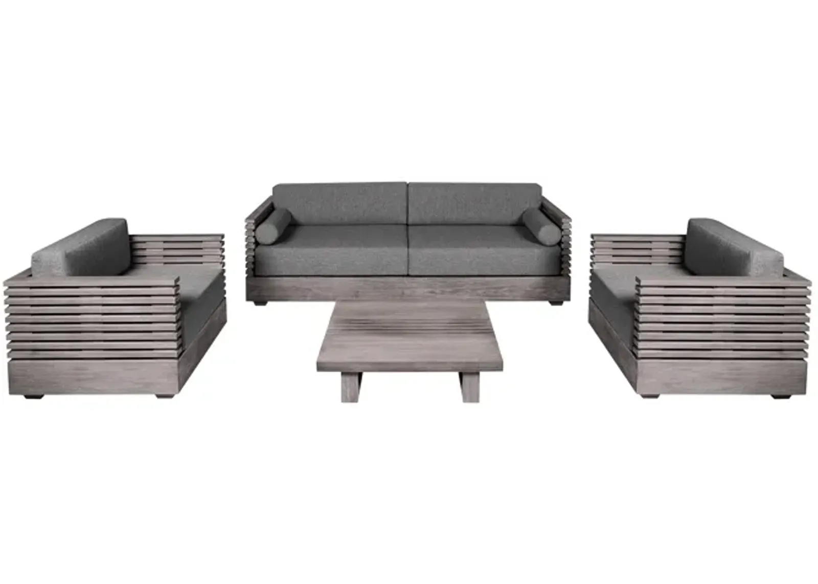 Vivid Outdoor Patio 4 Piece Conversation Set in Gray Eucalyptus Wood with Gray Olefin Cushions 