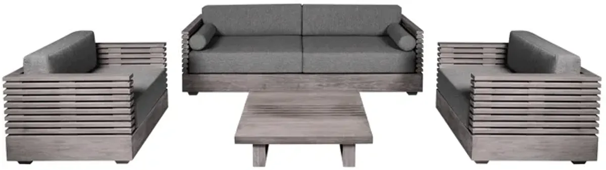 Vivid Outdoor Patio 4 Piece Conversation Set in Gray Eucalyptus Wood with Gray Olefin Cushions 