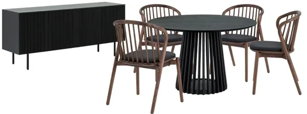 Pasadena Echo 6 Piece Round Dining Set with Buffet in Black Oak Finish and Walnut Finish Chairs