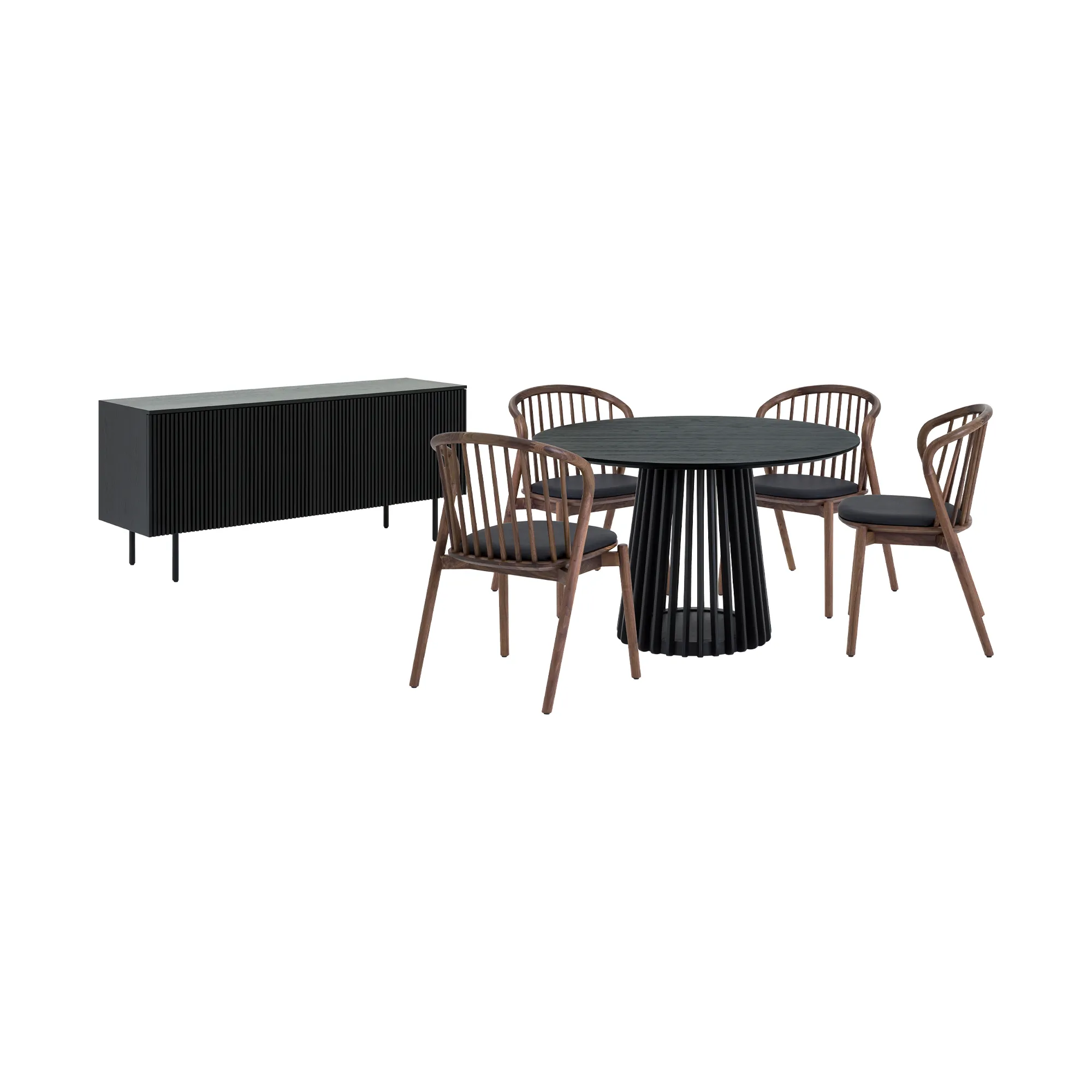 Pasadena Echo 6 Piece Round Dining Set with Buffet in Black Oak Finish and Walnut Finish Chairs