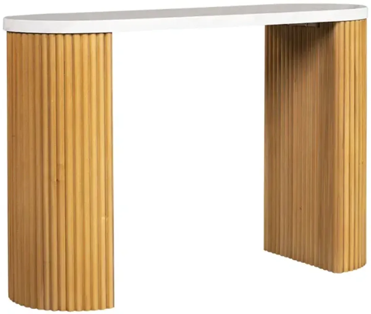 Faux White Marble Console Table with Reeded Wooden Pillar Legs