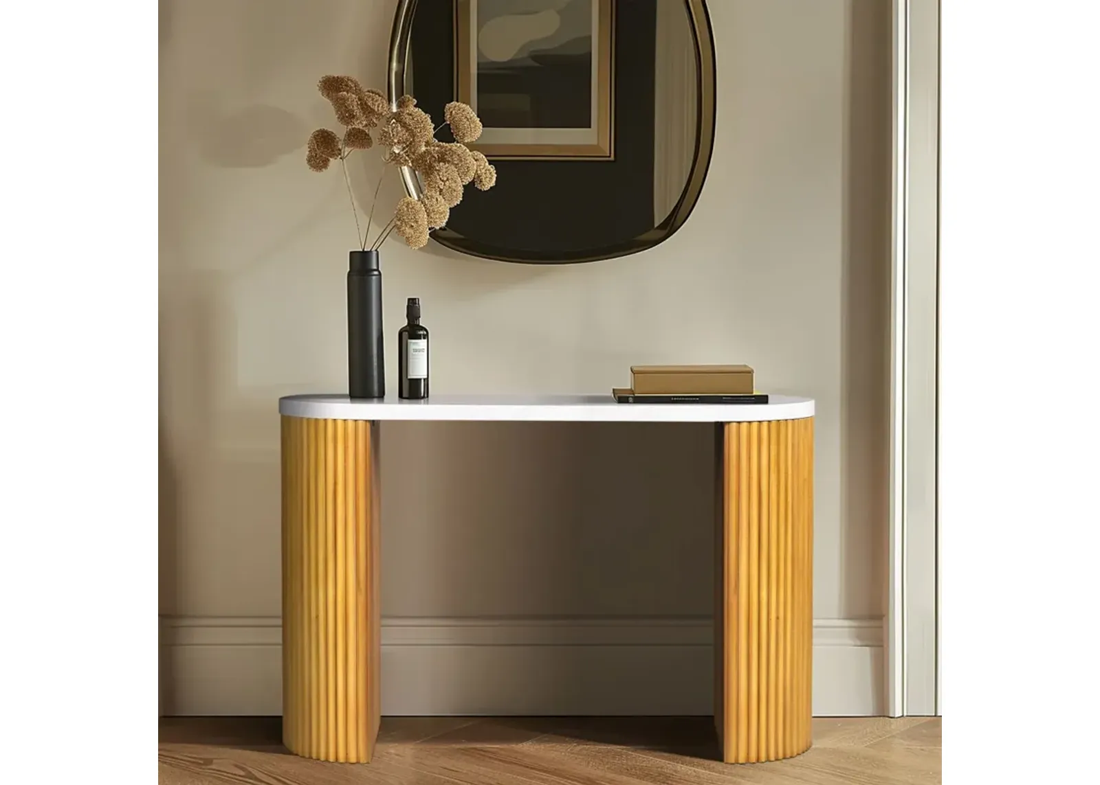 Faux White Marble Console Table with Reeded Wooden Pillar Legs