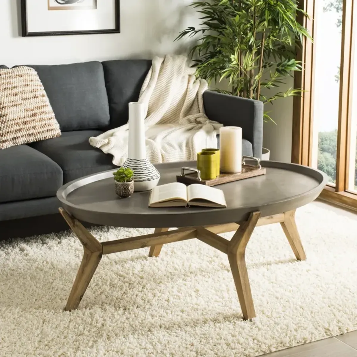 Hadwin Indoor/Outdoor Modern Concrete Oval 31.5-Inch Dia Coffee Table