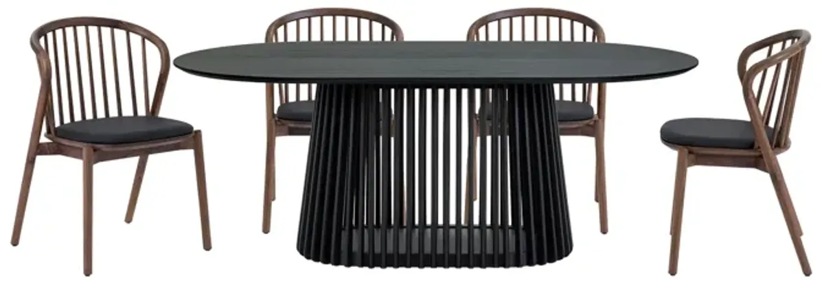 Pasadena Echo 5 Piece Oval Dining Set in Black Oak Finish with Walnut Finish Chairs