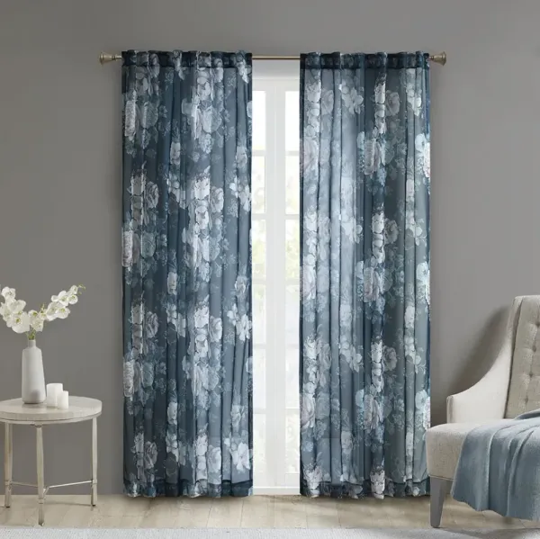 Madison Park Simone Navy Printed Floral Rod Pocket and Back Tab Voile Sheer Curtain