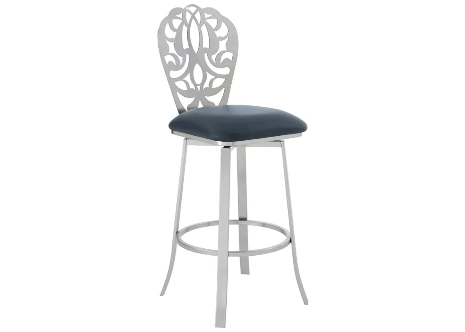 Cherie Contemporary 30" Bar Height Barstool in Brushed Stainless Steel Finish and Gray Faux Leather