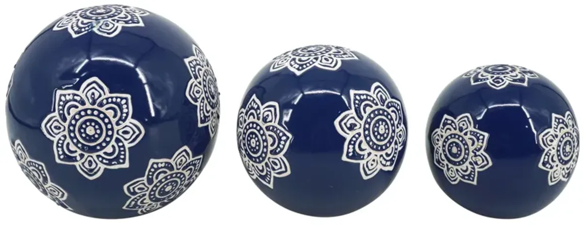 Cer, Chinoiserie Lotus Orbs, 4/5/6" Blue/wht - Set of 3