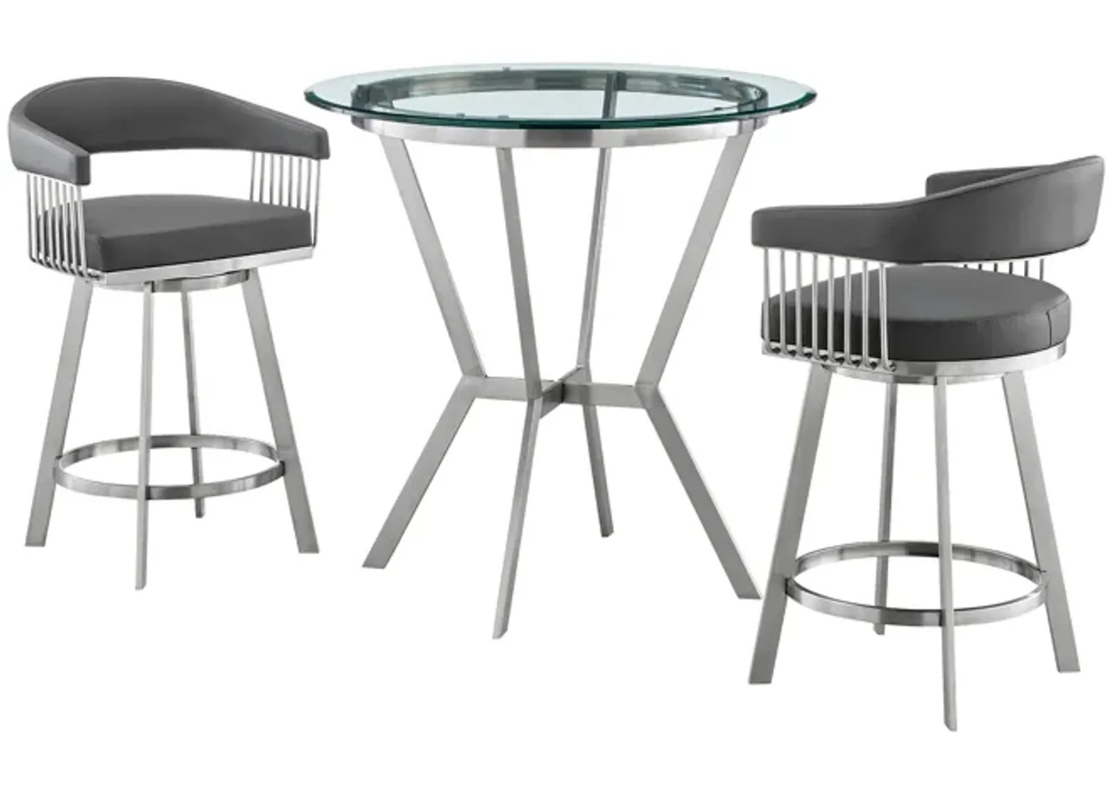 Naomi and Chelsea 3-Piece Counter Height Dining Set in Brushed Stainless Steel and Grey Faux Leather