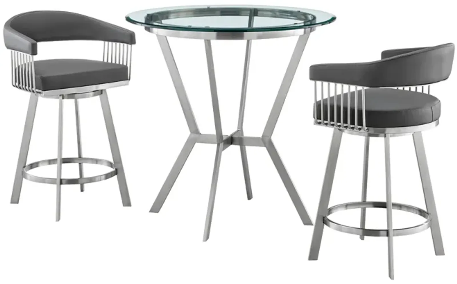 Naomi and Chelsea 3-Piece Counter Height Dining Set in Brushed Stainless Steel and Grey Faux Leather