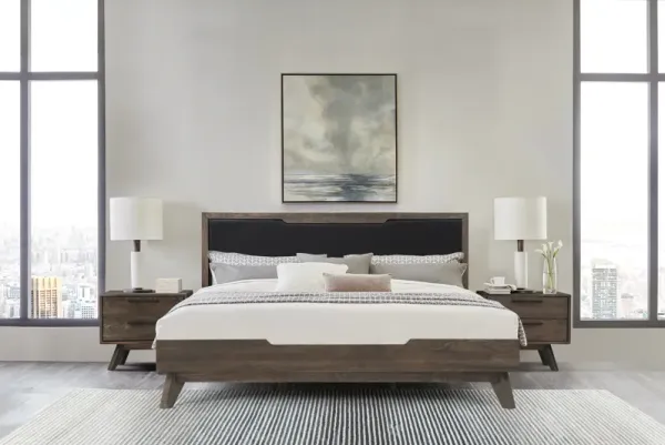 Astoria 3 Piece King Bedroom Set in Oak with Black Faux Leather 