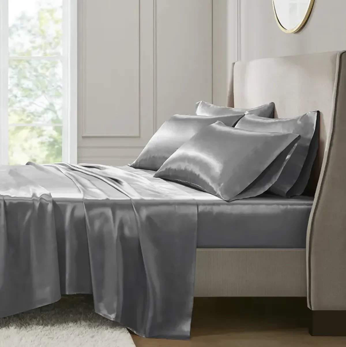 Madison Park Essentials Satin Grey Luxury 6 PC Sheet Set