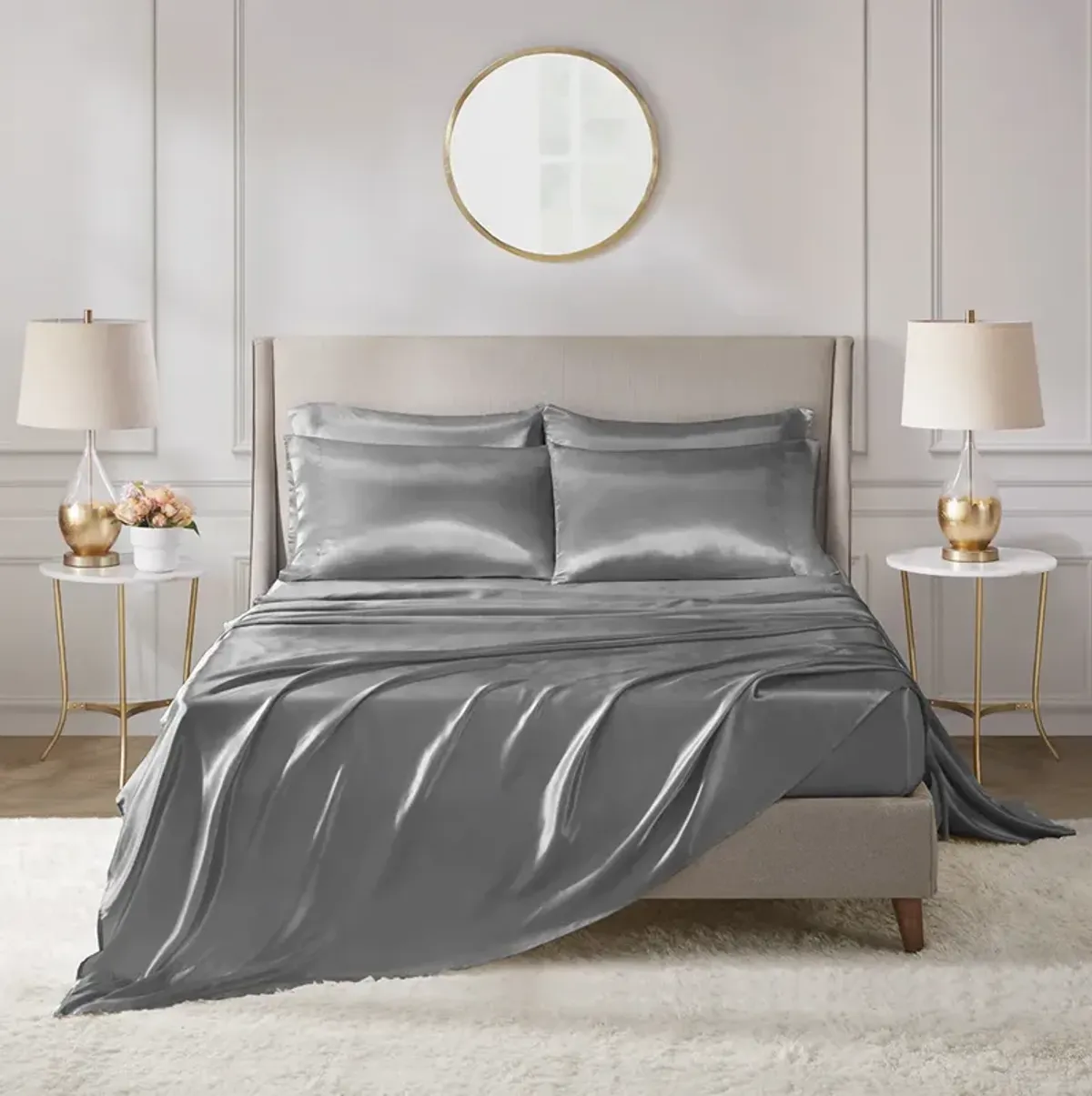 Madison Park Essentials Satin Grey Luxury 6 PC Sheet Set