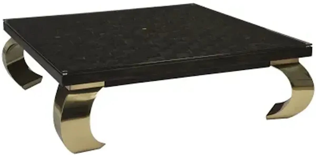 distressed blocks coffee table, wood, glass, plated brass ming legs, black with gold leaf, sm