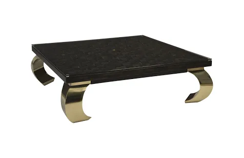 distressed blocks coffee table, wood, glass, plated brass ming legs, black with gold leaf, sm