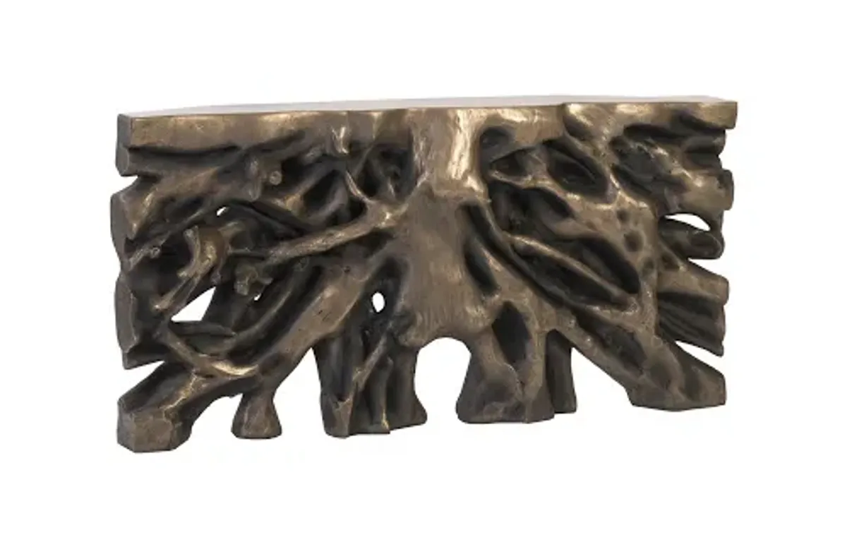 square root console table, resin, antique bronze finish