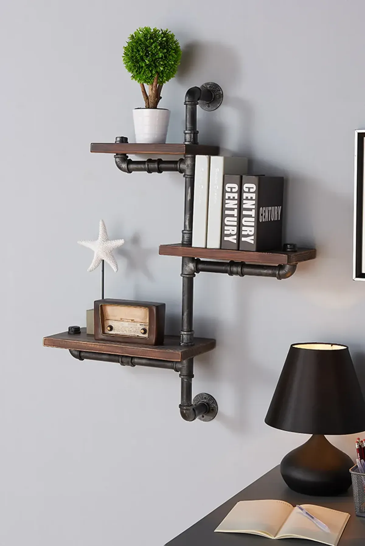 30" Orton Industrial Pine Wood Floating Wall Shelf in Gray and Walnut Finish