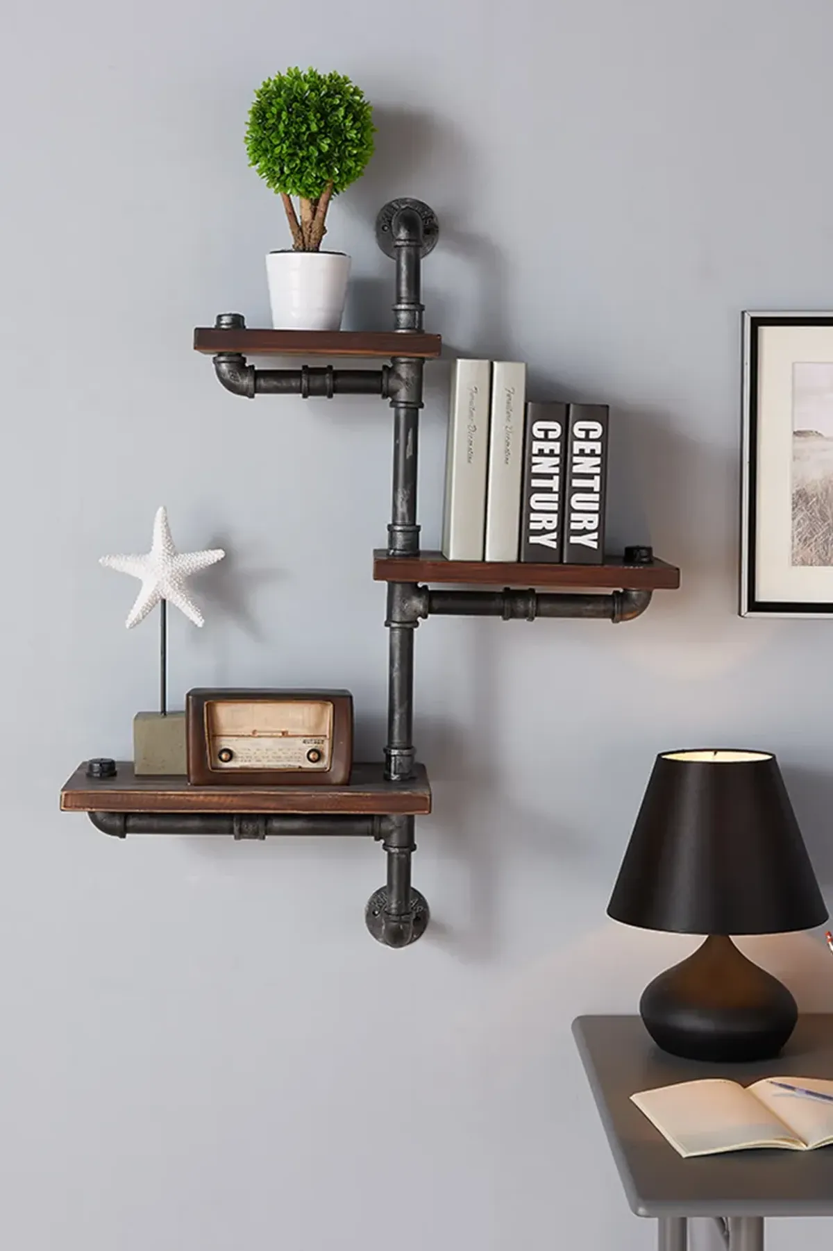 30" Orton Industrial Pine Wood Floating Wall Shelf in Gray and Walnut Finish