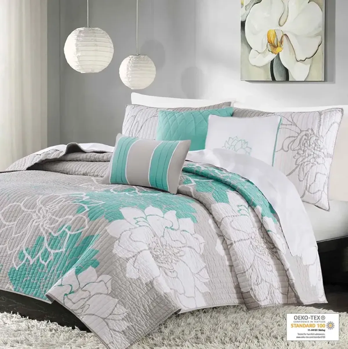 Madison Park Lola Aqua 6 Piece Printed Cotton Quilt Set with Throw Pillows