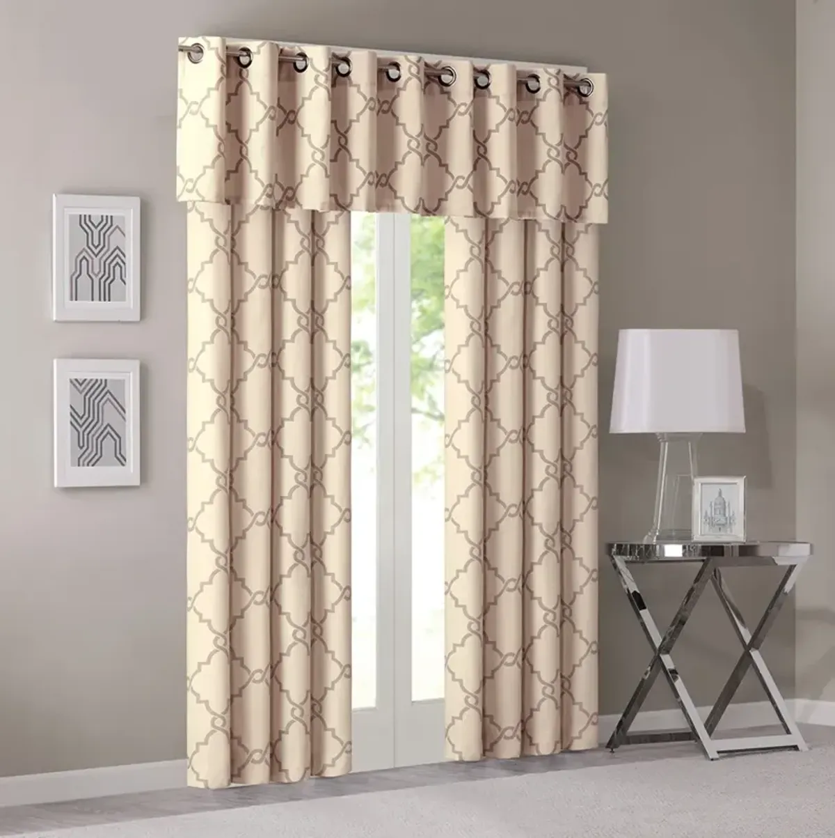 Madison Park Saratoga Beige/Grey Fretwork Print Grommet Top Window Valance