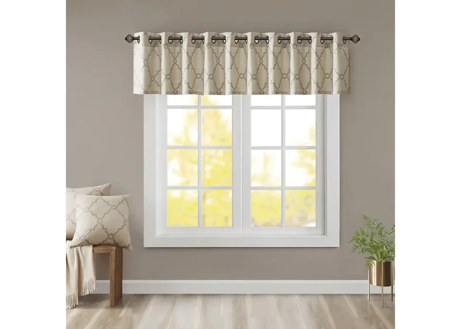 Madison Park Saratoga Beige/Grey Fretwork Print Grommet Top Window Valance