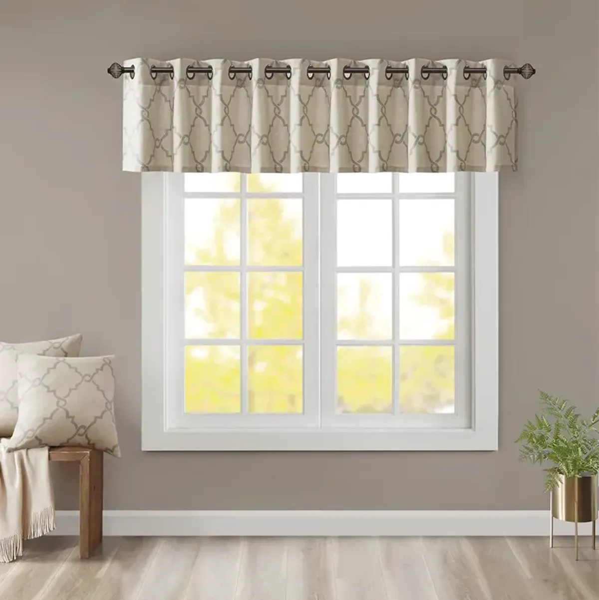 Madison Park Saratoga Beige/Grey Fretwork Print Grommet Top Window Valance