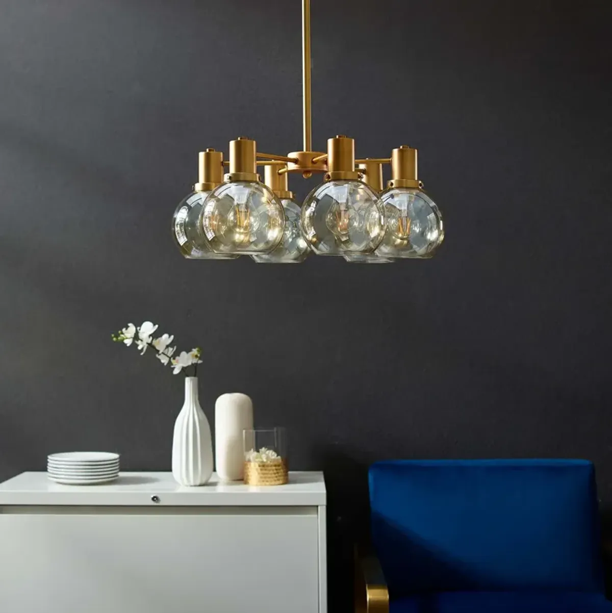 Resound Amber Glass And Brass Pendant Chandelier