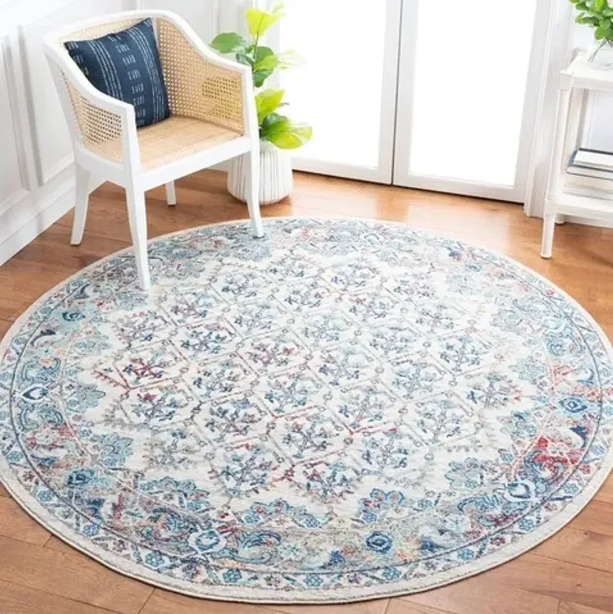 Brentwood 869 Ivory / Blue 3' X 3' Round Round Powerloomed Rug