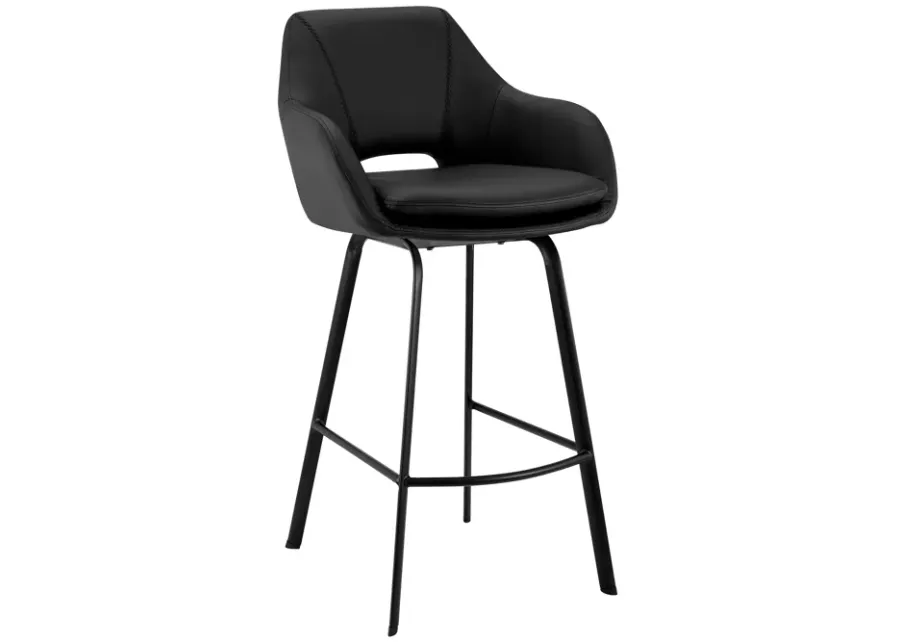 Aura Black Faux Leather and Black Metal Swivel 30" Bar Stool