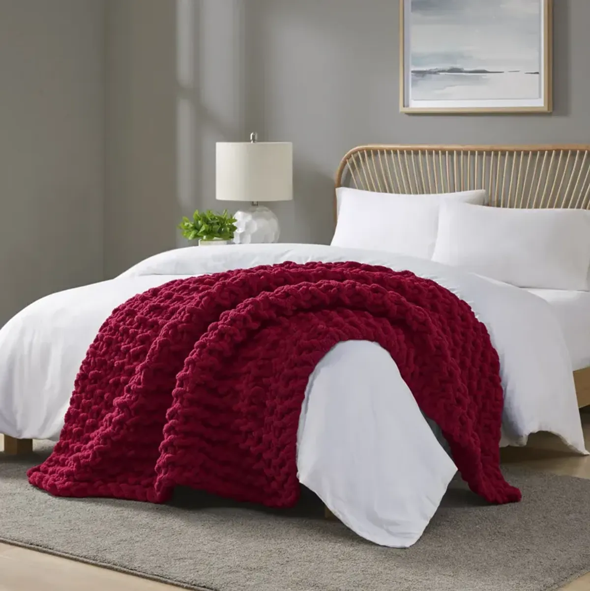 Madison Park Chenille Chunky Knit Red Throw