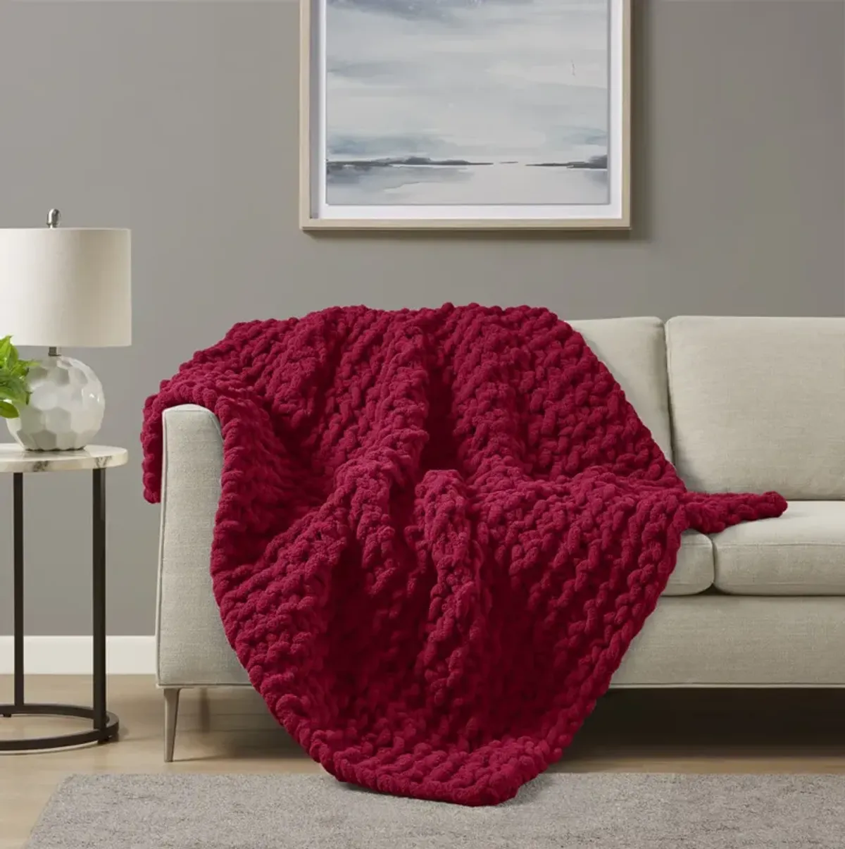 Madison Park Chenille Chunky Knit Red Throw