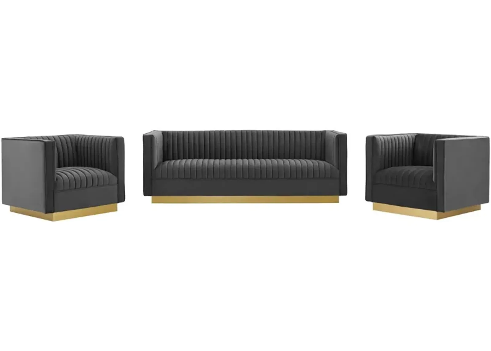 Sanguine 3 Piece Vertical Channel Tufted Upholstered Performance Velvet Set