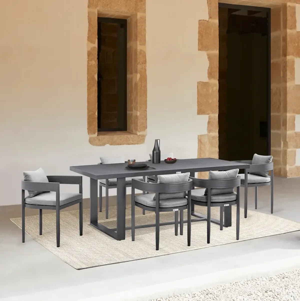 Argiope Outdoor Patio 7-Piece Dining Table Set in Aluminum with Gray Cushions