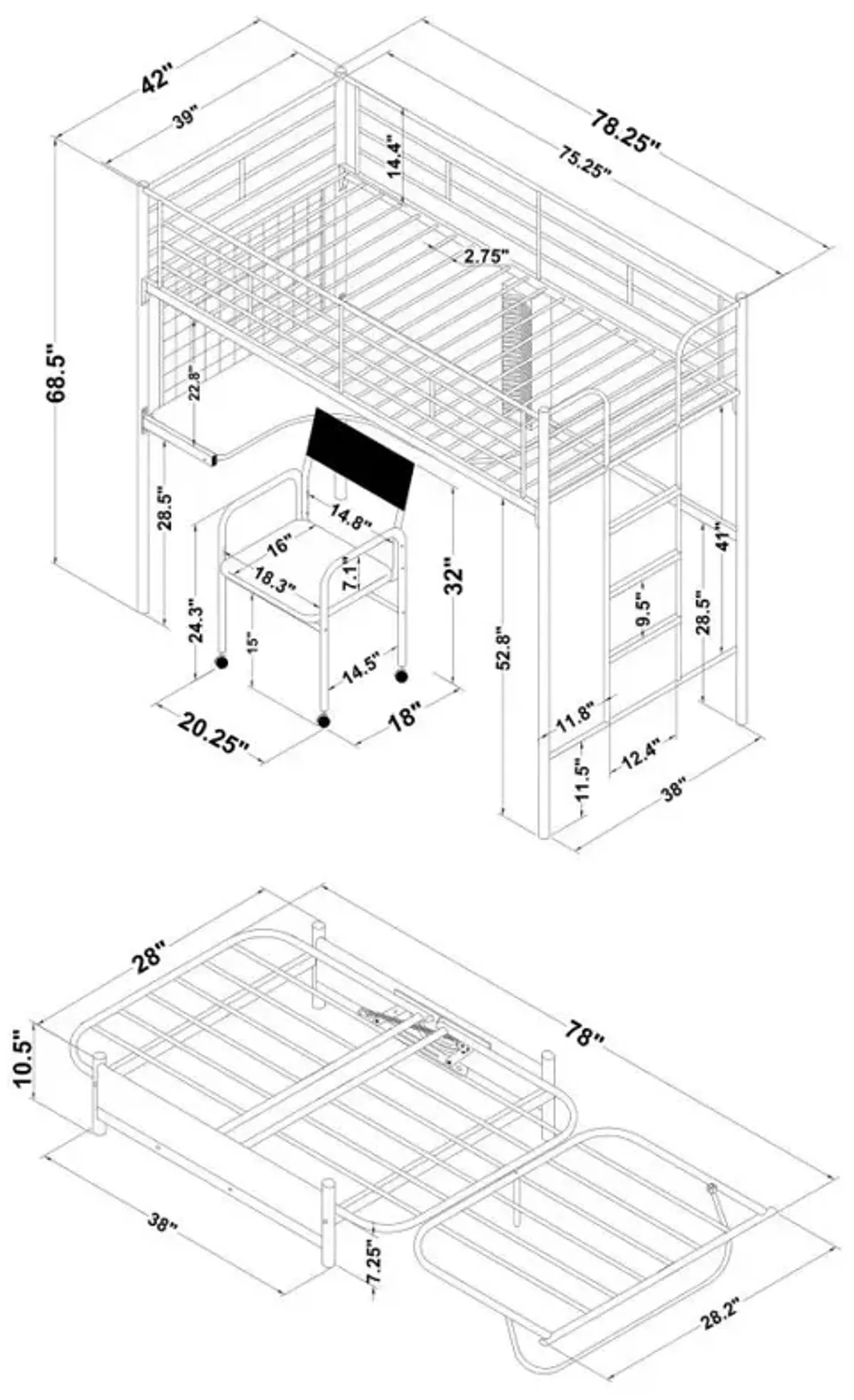 Jenner Twin Futon Workstation Loft Bed Black