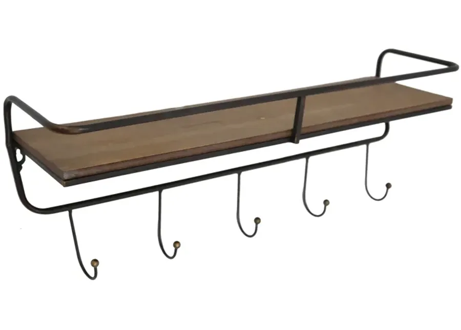 Metal/ Wood, 24.25" 5 Hook Wall Shelf/ Brown