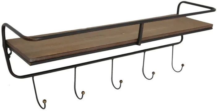 Metal/ Wood, 24.25" 5 Hook Wall Shelf/ Brown