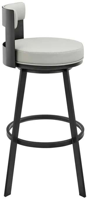 Flynn 30" Swivel Bar Stool in Black Metal with Light Gray Faux Leather