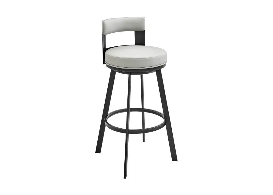 Flynn 30" Swivel Bar Stool in Black Metal with Light Gray Faux Leather